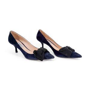 Prada Pointed Toe Bow Kitten Pumps Heels Size 39.5 US 9.5 Navy Blue Suede